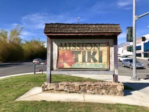 Picture of sign showing entrance to Mission Tiki Drive-In in Montclair, CA