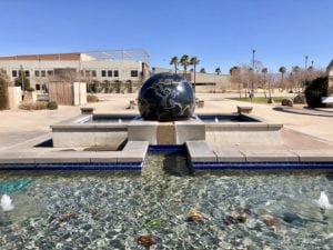 Globe water ball in decorative water feature in Hesperia City Courtyard