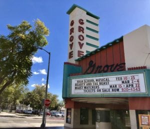 Grove theatre with list of currently playing in Downtown Upland, CA