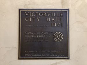 Victorville City Hall Sign showing city mayor, councilman, and city manager from 1971.