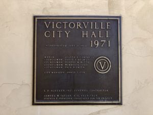Victorville City Hall Sign showing city mayor, councilman, and city manager from 1971.
